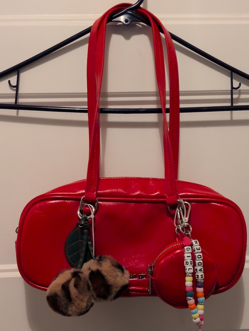 NWOT Madden Girl Red East West Shoulder Bag w Leopard Cherry Charm Coin Pouch